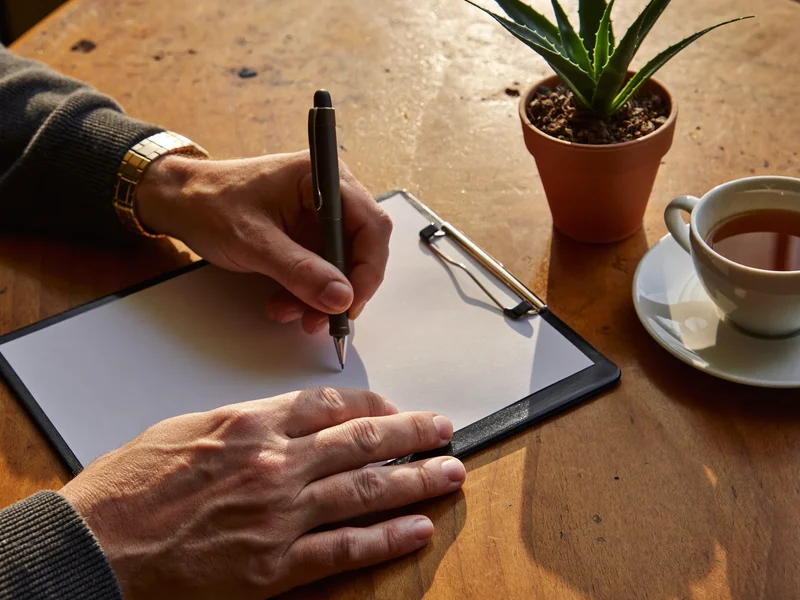 Illustration of hands completing a blank paper form beside a mug of tea
