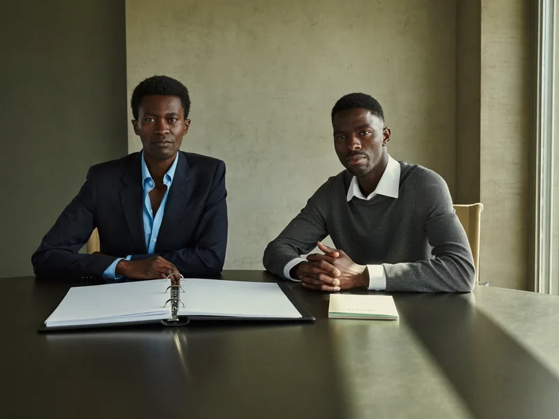 Illustration of an adviser and client reviewing blank documents in a ring binder