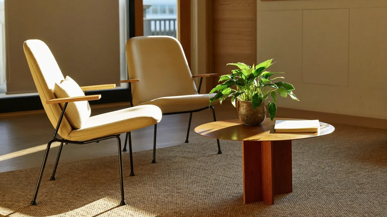 Illustration of a calm waiting area with cushioned chairs and a pot plant